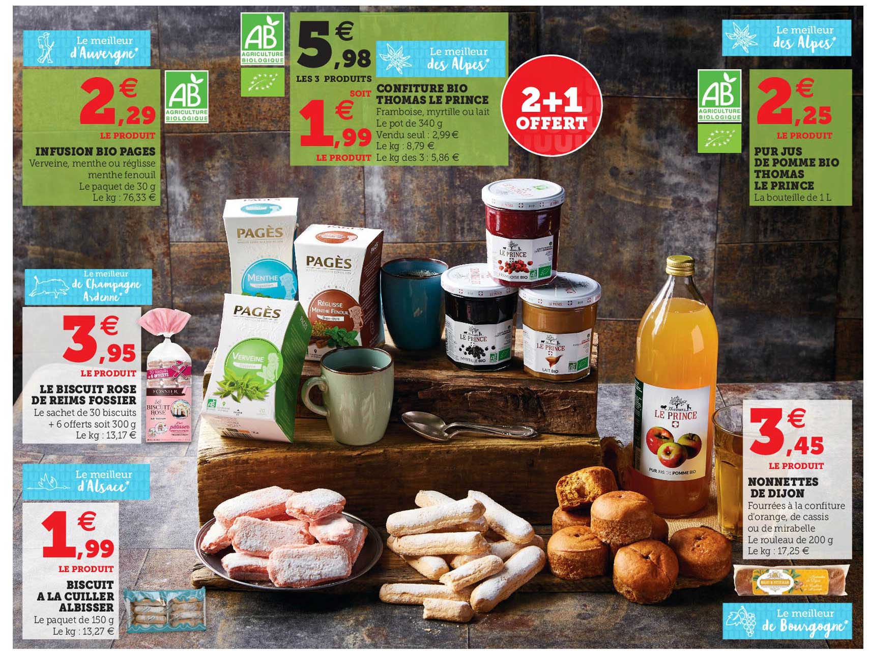 infusion bio pagès, le biscuit rose de reims fossier, biscuit à la cuiller albisser, confiture bio thomas le prince, pur jus de pomme bio thomas le prince, nonettes de dijon