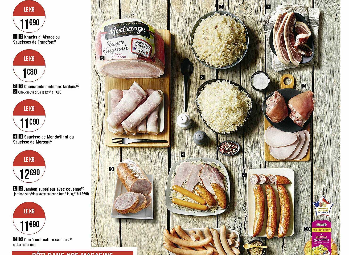 knacks d'alsace ou saucisses de francfort, choucroute cuite aux lardons, saucisse de montbélliard ou saucisse de morteau, jambon supérieur avec couenne, carré cuit nature sans os