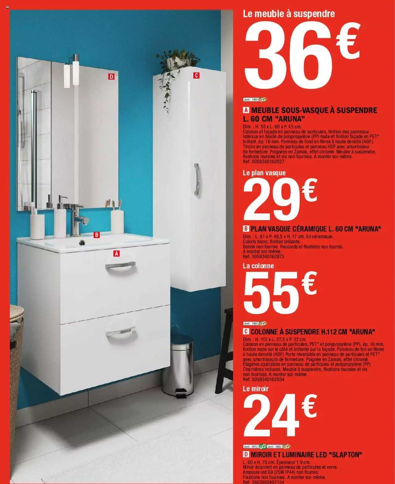 meuble sous-vasque à suspendre l. 60 cm "aruna", plan céramique l. 60 cm "aruna", colonne à suspendre h.112 cm "aruna", miroir et luminaire led "slapton"