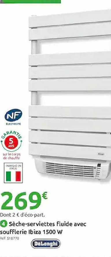 sèche-serviettes fluide avec soufflerie ibiza 1500 w delonghi