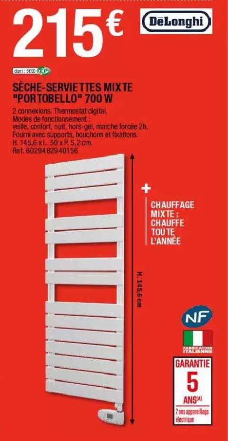 sèche-serviettes mixte "portobello" 700w delonghi