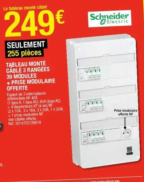 tableau monté câblée 3 rangées 39 modules + prise modulaire offerte