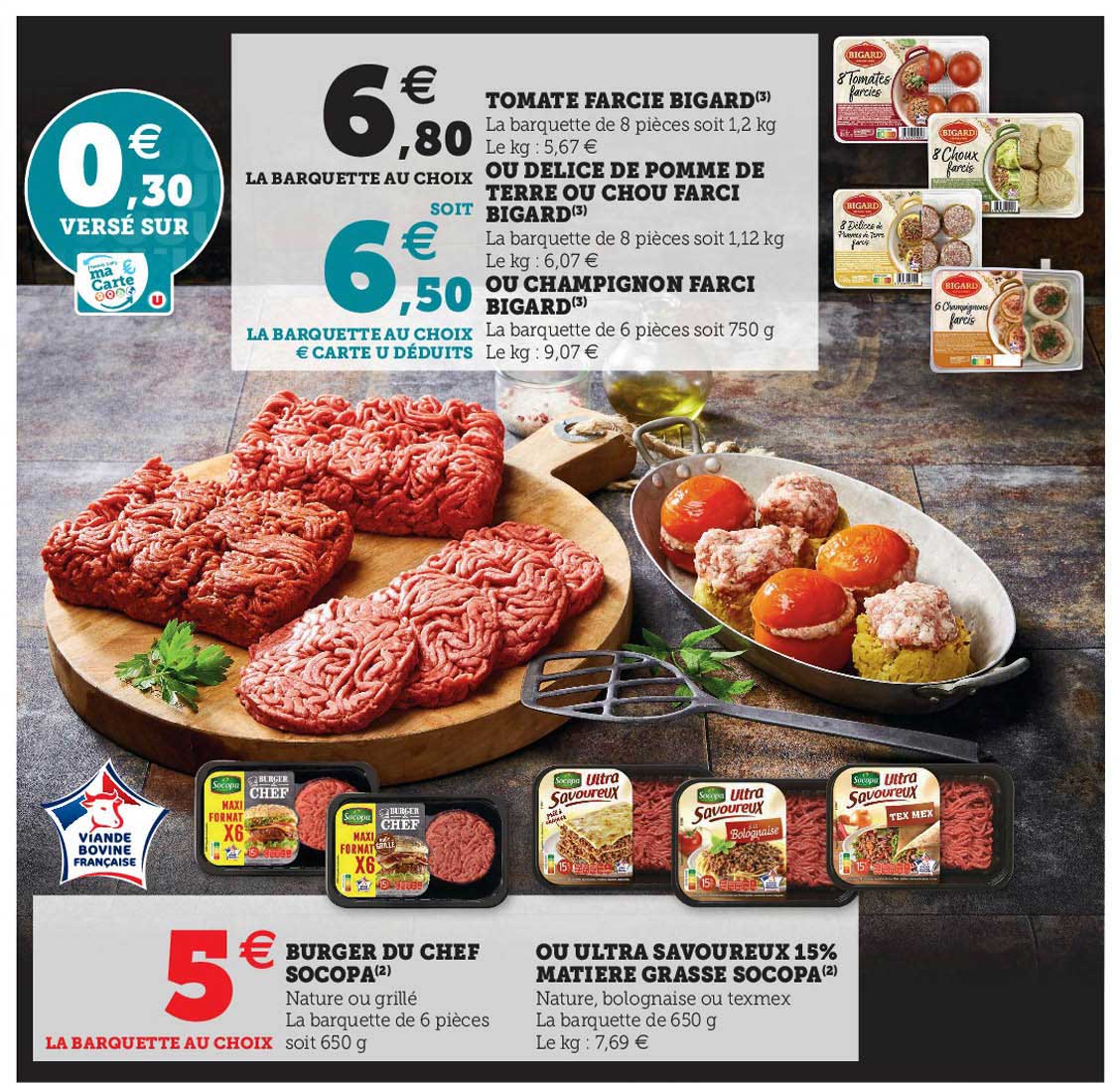 tomate farcie bigard ou délice de pomme de terre ou chou farci bigard ou champignon farci bigard, burger du chef socopa ou ultra savoureux 15% matière grasse socopa