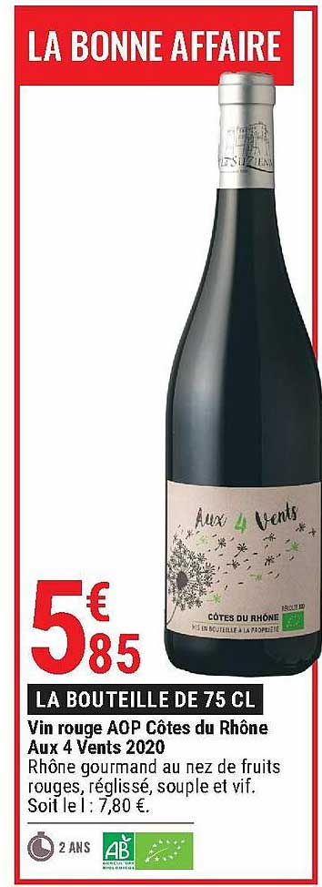 vin rouge aop côtes du rhône aux 4 vents 2020