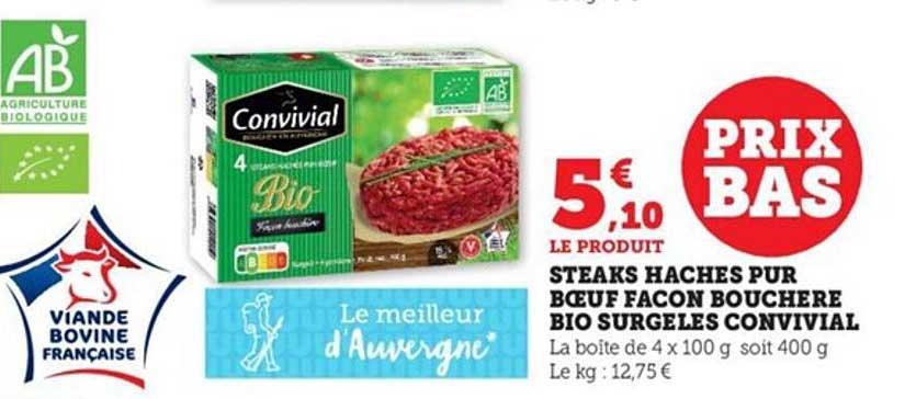 steaks hachés pur bœuf façon bouchère bio surgelés convivial