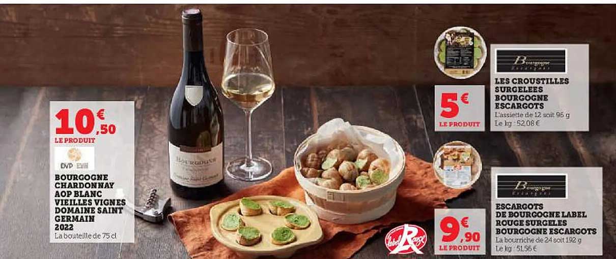 bourgogne chardonnay aop blanc vieilles vignes domaine saint germain 2022, les croustilles surgelées bourgogne escargots, escargots de bourgogne label rouge surgelés bourgogne escargots