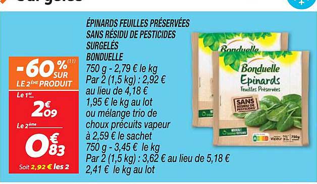 épinards feuilles préservées sans résidu de pesticides surgelés bonduelle