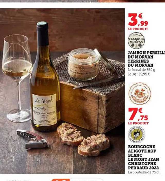 jambon persillé du morvan terrines du morvan, bourgogne aligoté aop blanc le mont jean christophe perraud 2022
