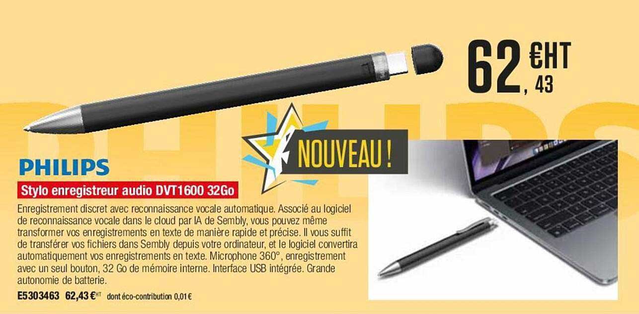 philips stylo enregistreur audio dvt1600 32go