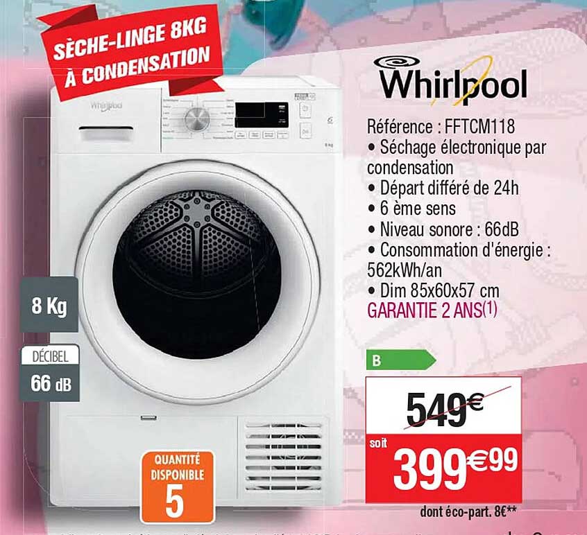 whirlpool sèche-linge 8kg à condensation
