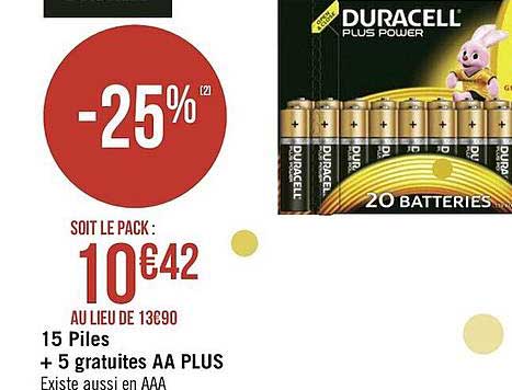 15 piles + 5 gratuites aa plus duracell