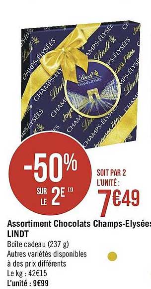 assortiment chocolats champs alysées lindt -50% sur le 2ème