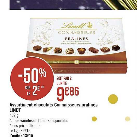Assortiment Chocolats Connaisseurs Pralinés Lindt -50% Sur Le 2ème