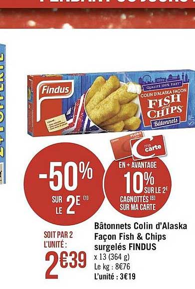 bâtonnets colin d'alaska façon fish & chips surgelés findus