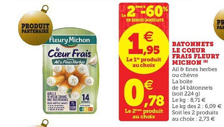 bâtonnets le cœur frais fleury michon le 2ème à -60% en remise immédiate