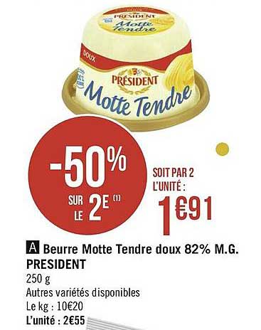 beurre motte tendre doux 82% m.g. président