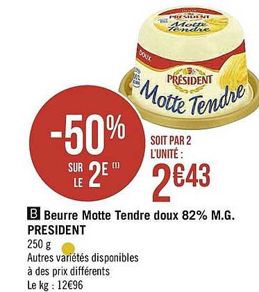 beurre motte tendre doux 82% m.g. président