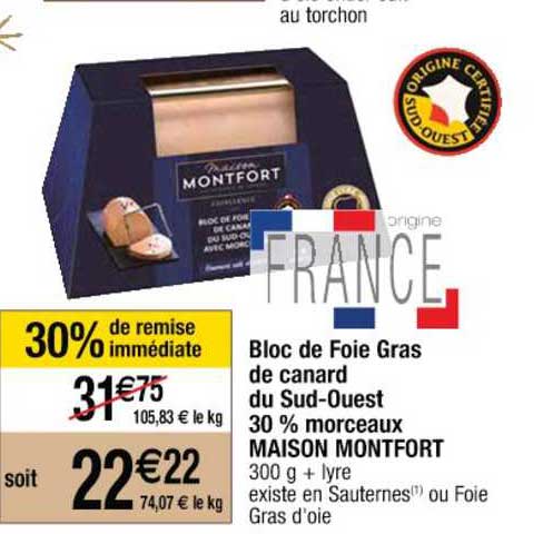 bloc de foie gras de canard du sud-ouest 30% morceaux maison montfort
