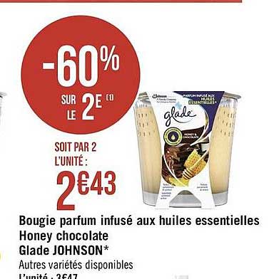 bougie parfum infusé aux huiles essentielles honey chocolate glade johnson
