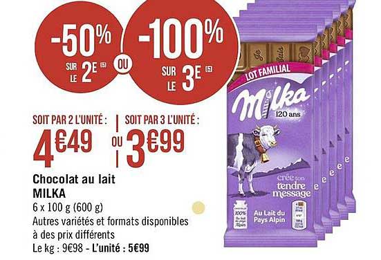 chocolat au lait milka -50% sur le 2ème -100% sur le 3ème