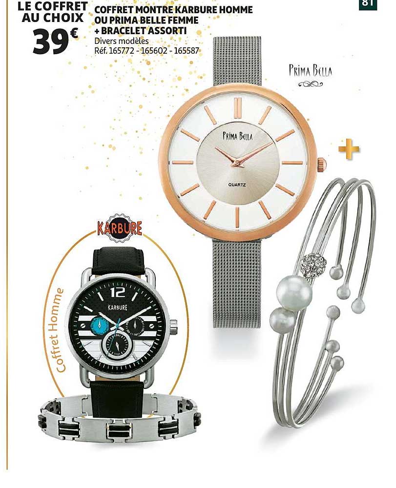 Coffret Montre Karbure Homme Ou Prima Belle Femme + Bracelet Assorti