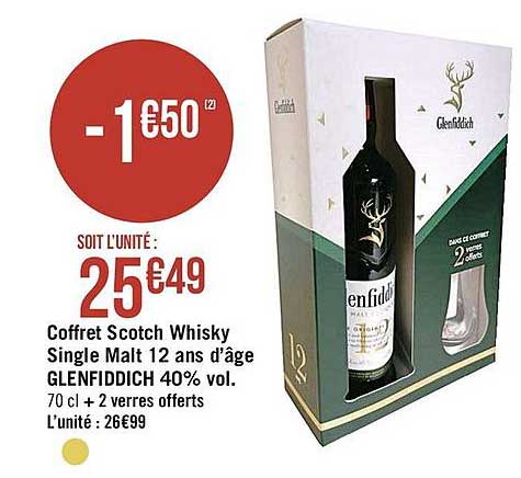coffret scotch whisky single malt 12 ans d'âge glenfiddich 40% vol.