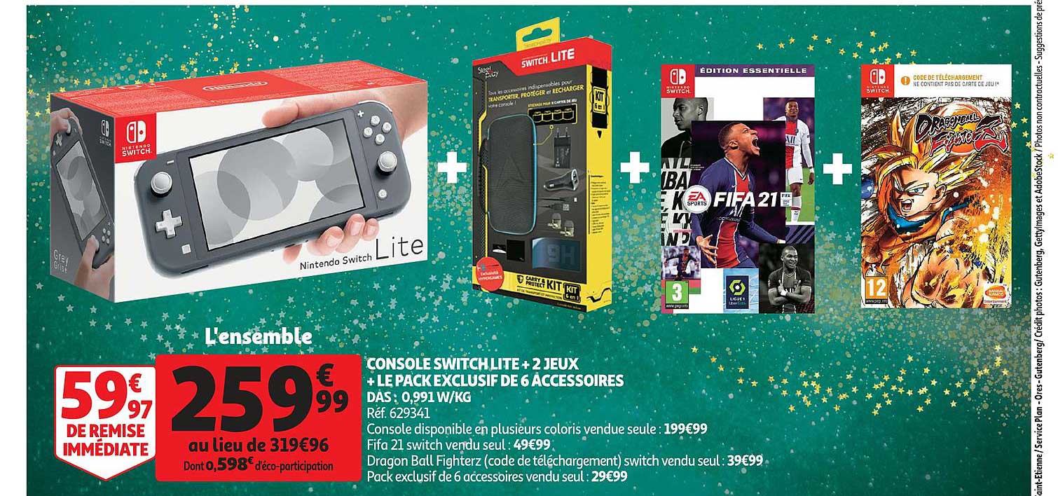 console switch lite + 2 jeux  + le pack exclusif de 6 accessoires