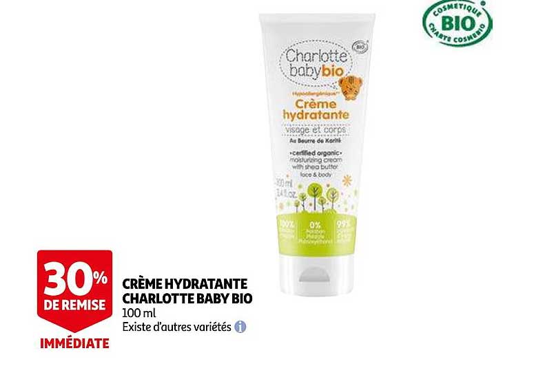crème hydradante charlotte baby bio 30% de remise immédiate