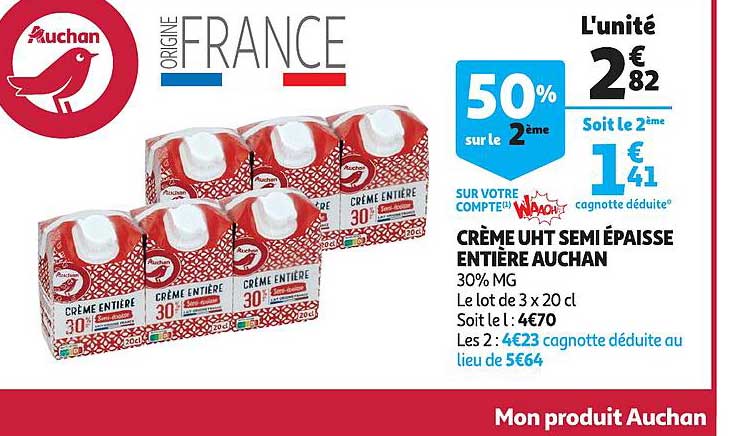 crème uht semi épaisse entière auchan