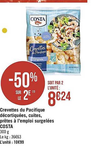 crevettes du pacifique décortiquées, cuites, prêtes à l'emploi surgelées costa