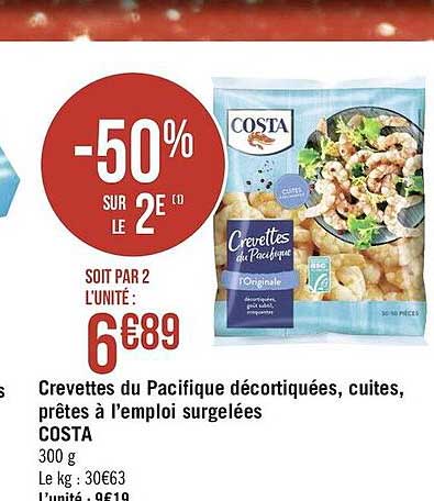 Crevettes Du Pacifique Décortiquées, Cuites, Prêtes à L'emploi Surgelées Costa