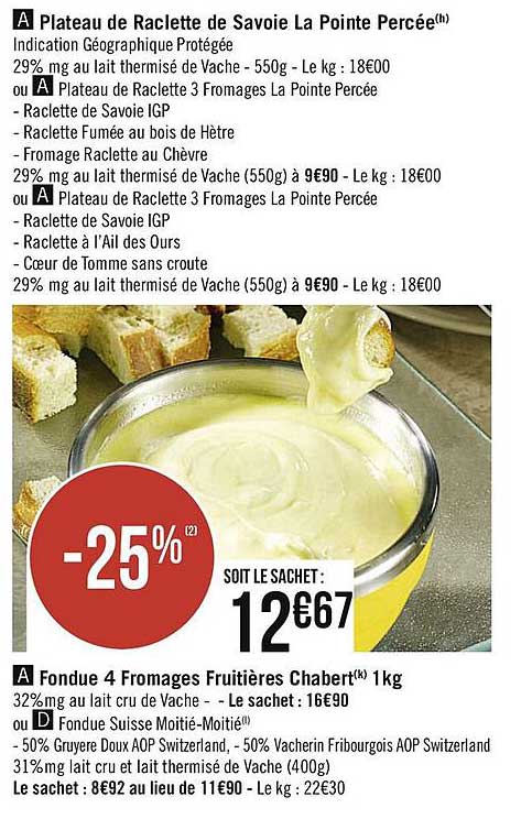fondue 4 fromages fruitières chabert, fondue suisse moitié-moitié