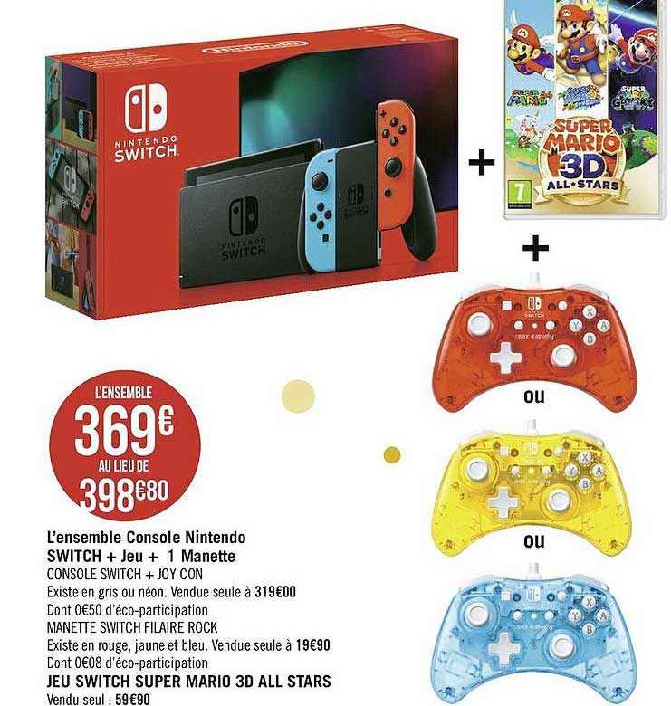 l'ensemble console nintendo switch + jeu + 1 manette , jeu switch super mario 3d all stars