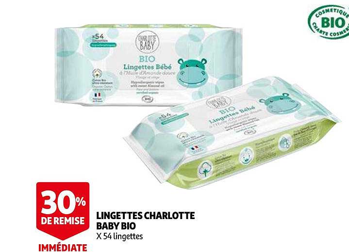 lingettes charlotte baby bio 30% de remise immédiate
