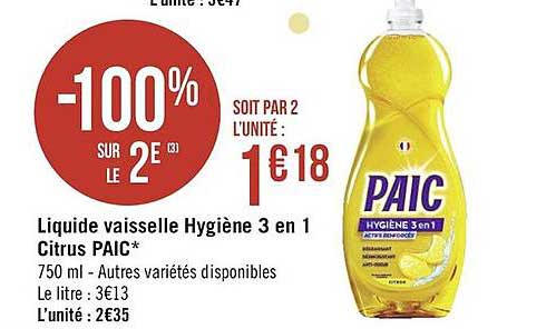 liquide vaisselle hygiène 3 en 1 citrus paic