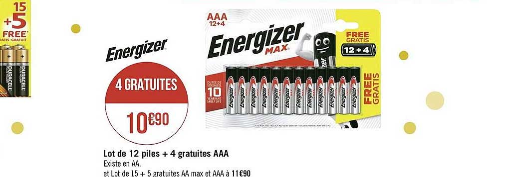 lot de 12 piles + 4 gratuites aaa energizer