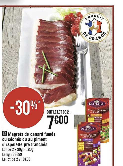 magrets de canard fumés ou séchés ou au piment d'espelette pré tranchés delpeyrat