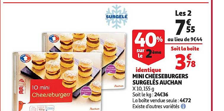 mini cheeseburgers surgelés 40% sur le 2ème identique