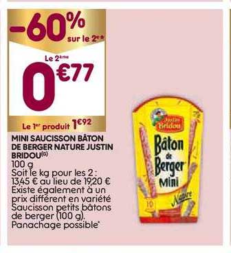 mini saucisson bâton de berger nature justin bridou