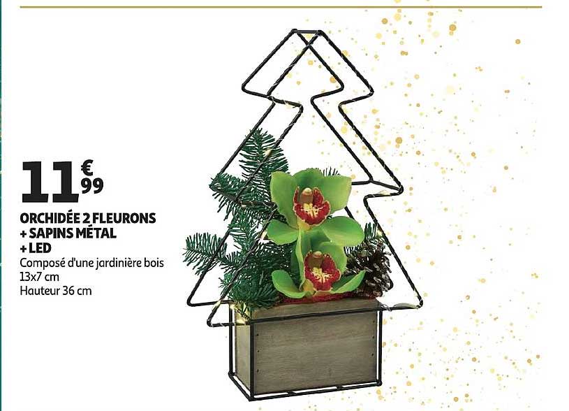 orchidée 2 fleurons + sapins métal + led