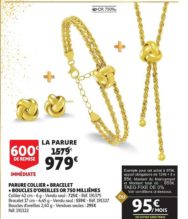 parure collier + bracelet + boucles d'oreilles or 750 millièmes