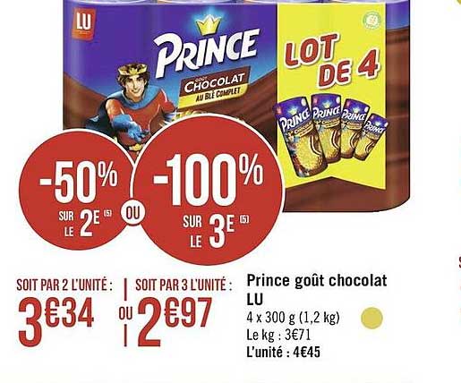 prince goût chocolat lu -50% sur le 2ème -100% sur le 3ème