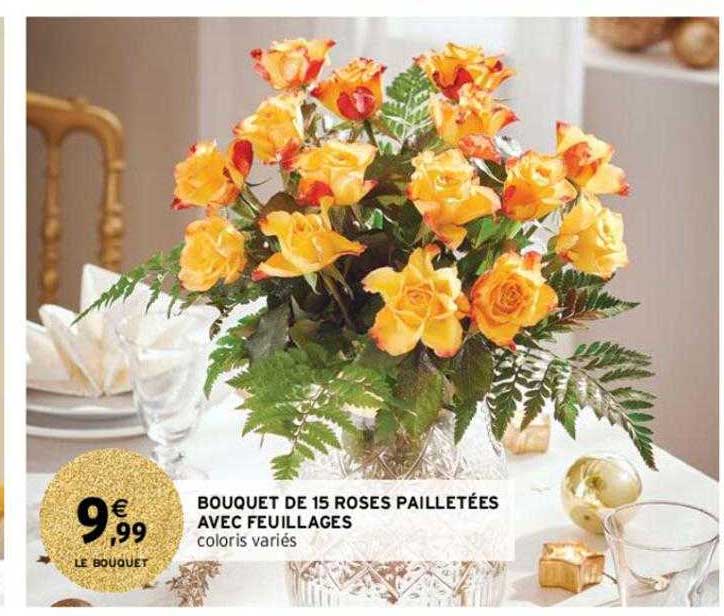 bouquet de 15 roses pailletées avec feuillages