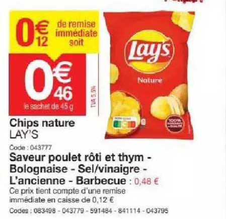 Chips Nature Lay's, Saveur Poulet Rôti Et Thym - Bolognaise - Sel-vinaigre - L'ancienne - Barbecue