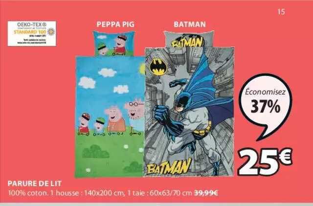 parure de lit peppa pig, batman