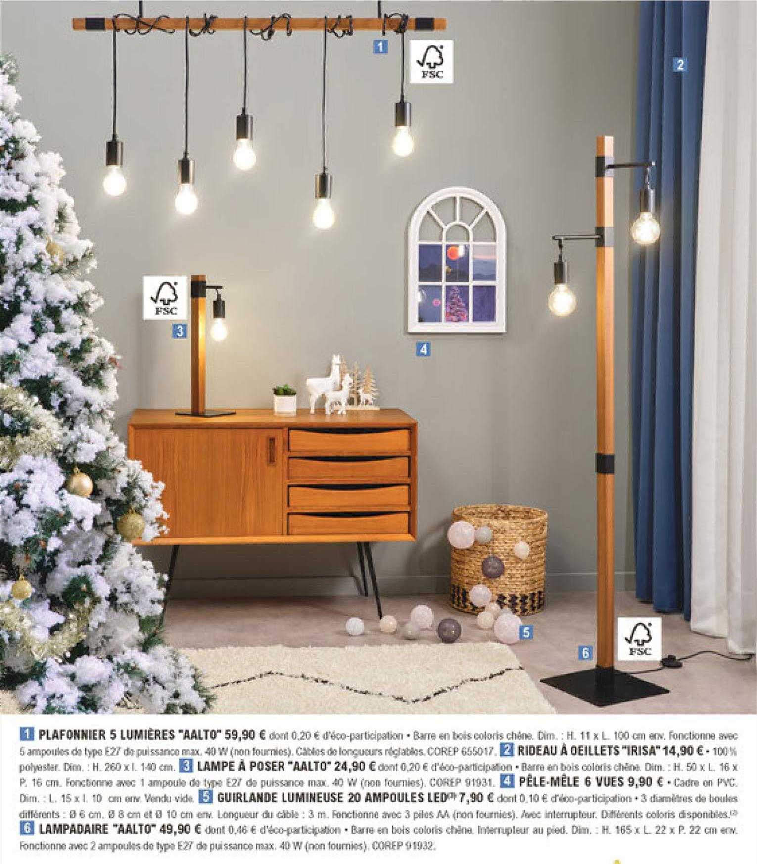 plafonnier 5 lumières "aalto", rideau à oeillets "irisa", lampe à poser "aalto", pêle-mêle 6 vues, guirlande lumineuse 20 ampoules le, lampadaire "aalto"