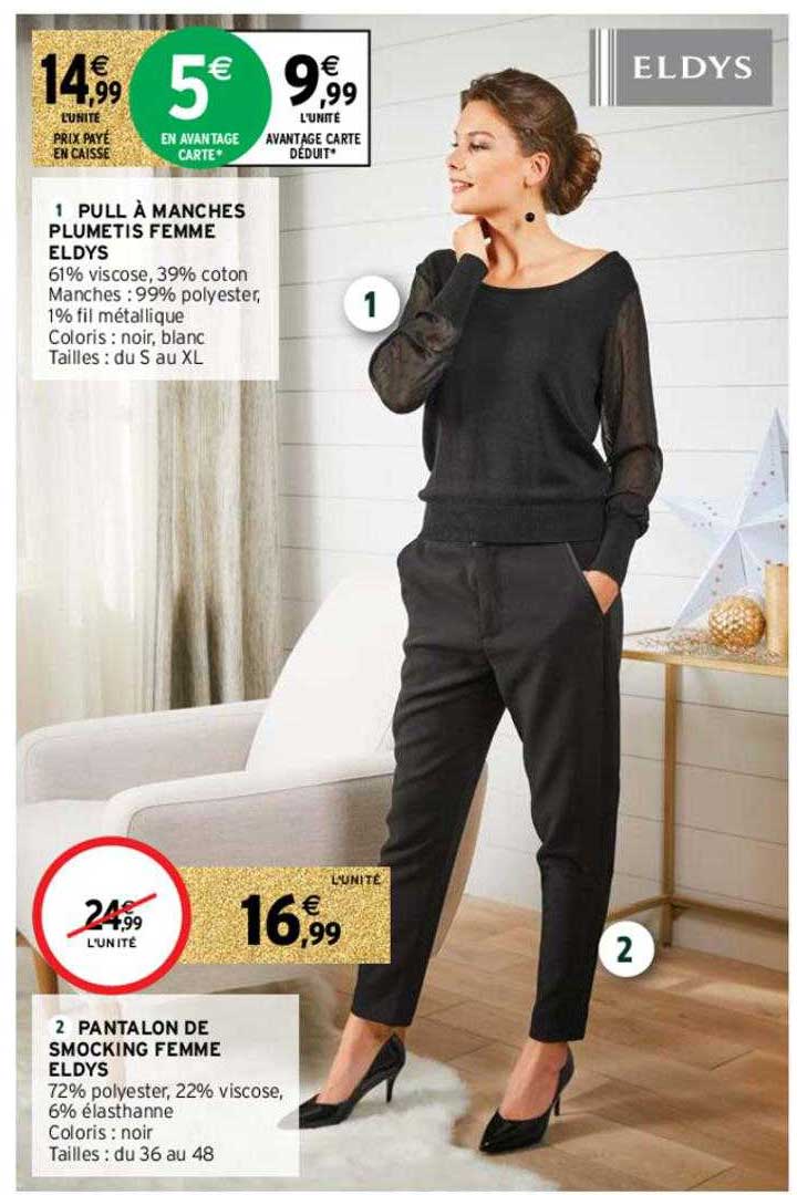 pull à manches plumetis femme eldys, pantalon de smocking femme eldys