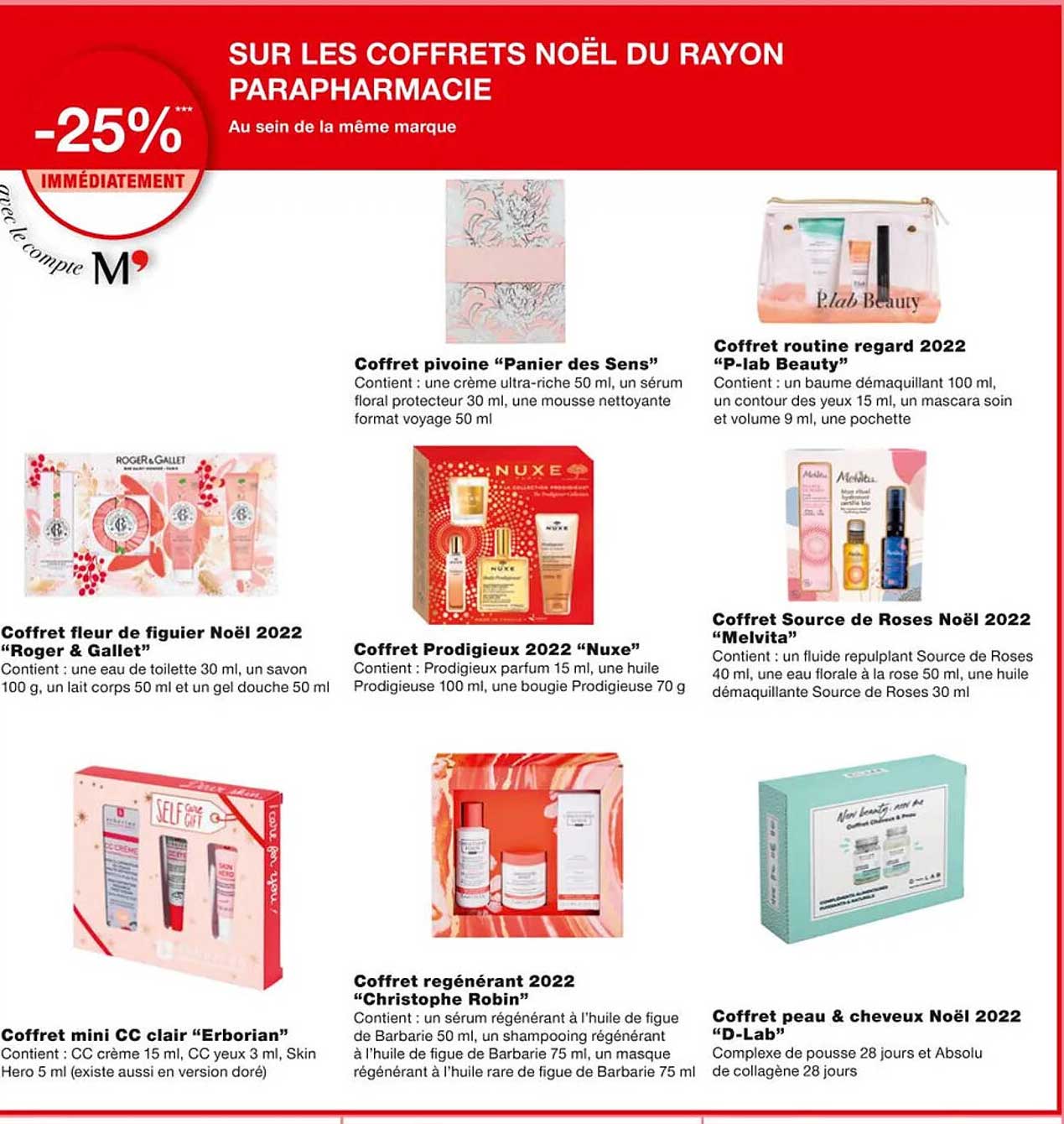 coffret fleur de figuler noël 2022 "roger & gallet", coffret mini cc clair "erborian", coffret pivoine "panier des sens", coffret prodigieux 2022 "nuxe", coffret regénérant 2022 "christophe robin"