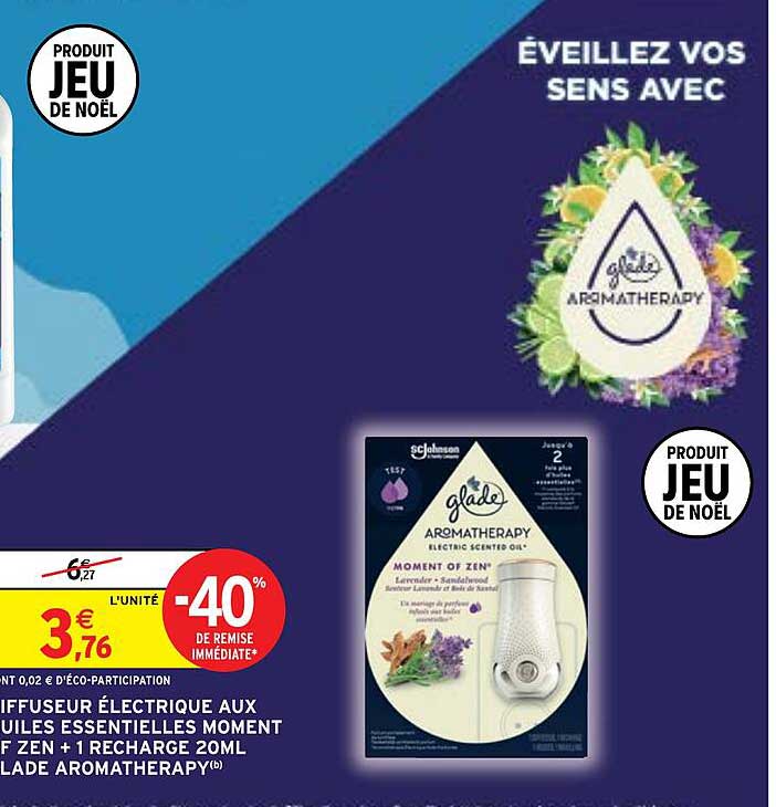diffuseur électrique aux huiles essentielles moment of zen + 1 recharge 20ml glade aromatherapy
