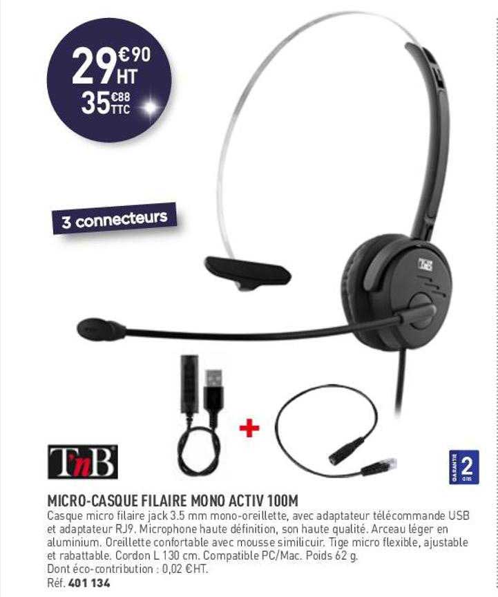 micro-casque filaire mono activ 100m t'nb